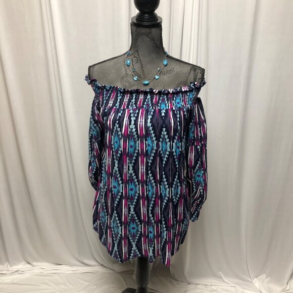 Rock and Roll Cowgirl Top Womens Sz Small Blue Fuchsia Blouse Aztec Western NEW - Picture 5 of 10
